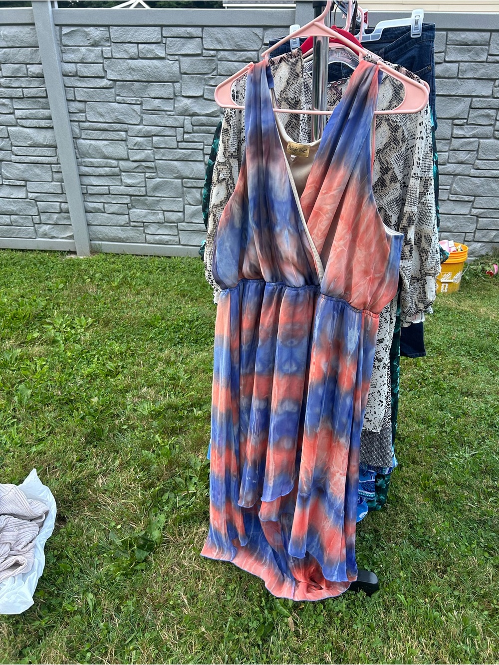 Midnight Velvet Coral and Blue Tie-Dye V-Neck Maxi Dress